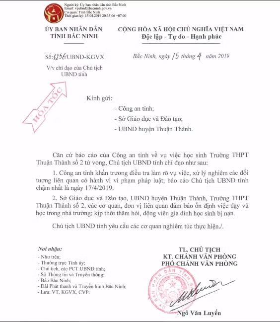 công văn hỏa tốc của UBND tỉnh Bắc Ninh về vụ nữ sinh lớp 12 tại huyện Thuận Thành tự tử