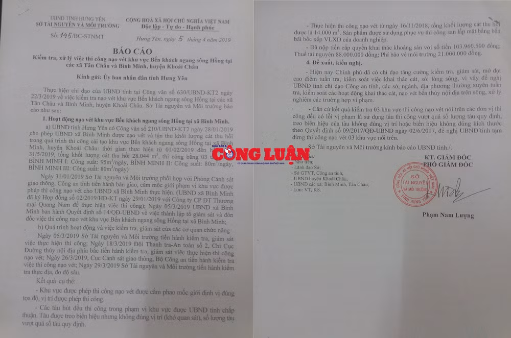 Sở TN&MT tỉnh Hưng Yên có báo cáo đề nghị UBND tỉnh Hưng Yên tạm dừng thi công nạo vét tại các bến khách ngang sông Hồng do doanh nghiệp có vi phạm.