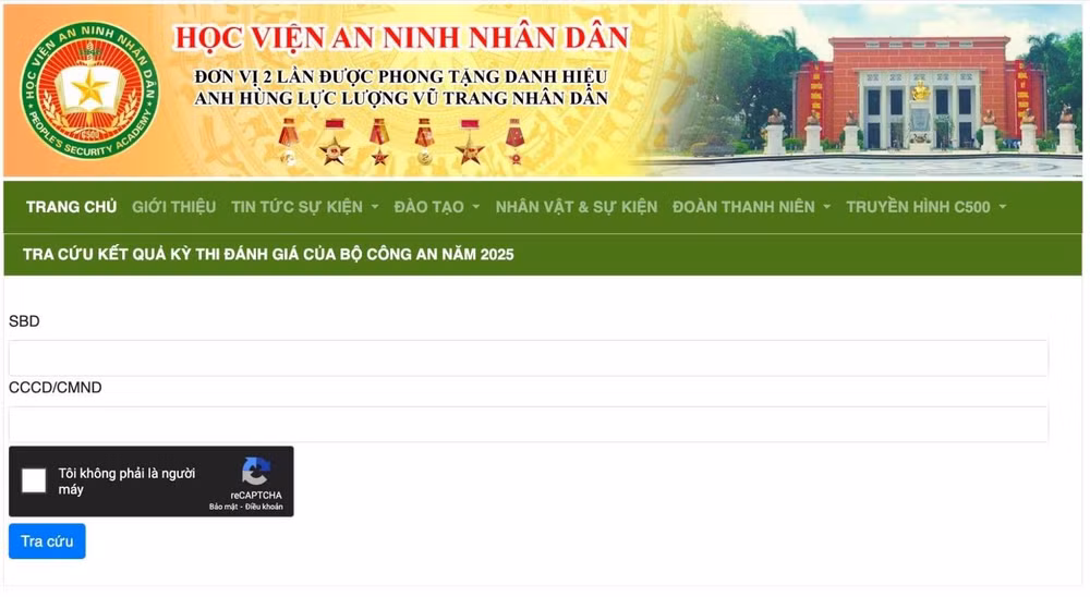 Giao diện website tra cứu kết quả điểm thi bài thi đánh giá của Bộ Công an năm 2025 đối với thí sinh dự thi tại Hội đồng thi Học viện An ninh nhân dân. 