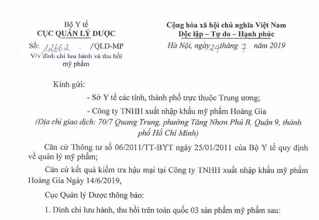 Công văn thu hồi sản phẩm của Cục Quản lý Dược, Bộ Y tế. Ảnh: BYT
