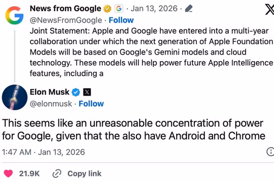 Tỷ phú Elon Musk chỉ trích việc Apple tích hợp Gemini
