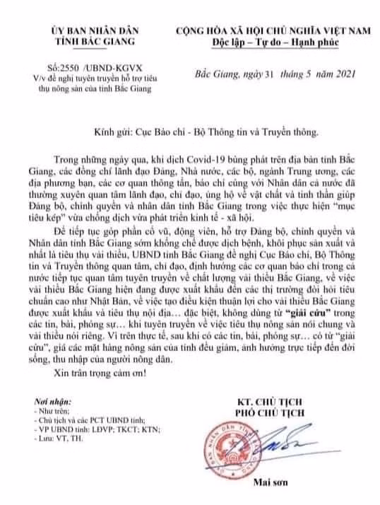 Văn bản của UBND tỉnh Bắc Giang gửi Cục Báo chí - Bộ Thông tin và truyền thông. Ảnh: D.L