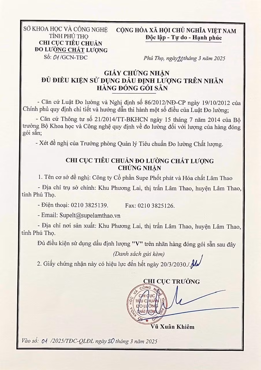 giay chung nhan dinh luong