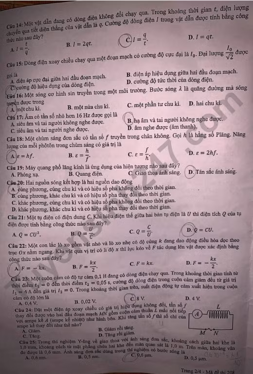 de thi tot nghiep thpt 2022 mon vat ly ma de 208 hinh 2