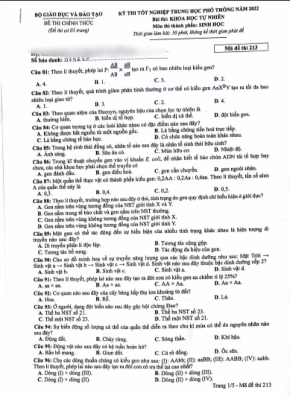 de thi tot nghiep thpt 2022 mon sinh hoc ma de 213 hinh 1
