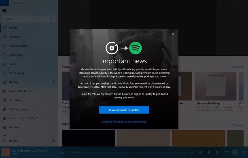 Zune Pass: Năm 2012, Zune Pass được đổi tên thành Xbox Music nhưng tiếp tục thất bại. Thời điểm phát hành Windows 10, Microsoft đổi tên dịch vụ thành Groove Music. Khi nhận thấy mọi nỗ lực tham gia thị trường dịch vụ nghe nhạc thất bại, Microsoft đã cho ngừng hoạt động Groove Music, chuyển hướng người dùng sang Spotify. Dù vậy, Groove vẫn tồn tại dưới vai trò ứng dụng nghe nhạc thông thường trước khi bị thay thế bởi Media Player trên Windows 11.