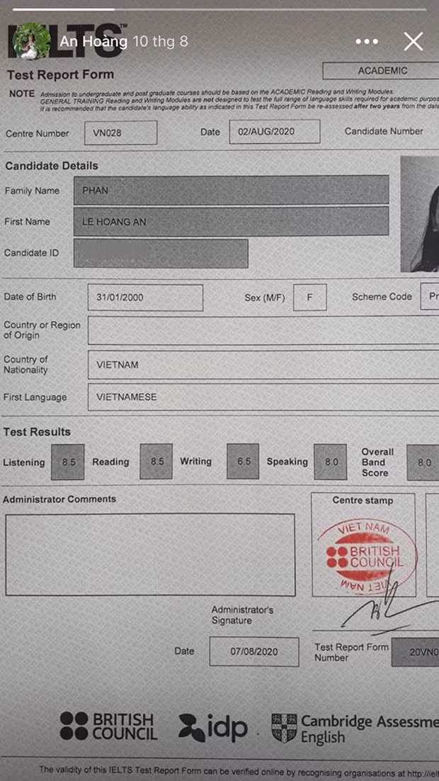Hoàng An có thể nói thành thạo tiếng Anh và tiếng Tây Ban Nha, điểm IELTS của cô đạt 8.0.