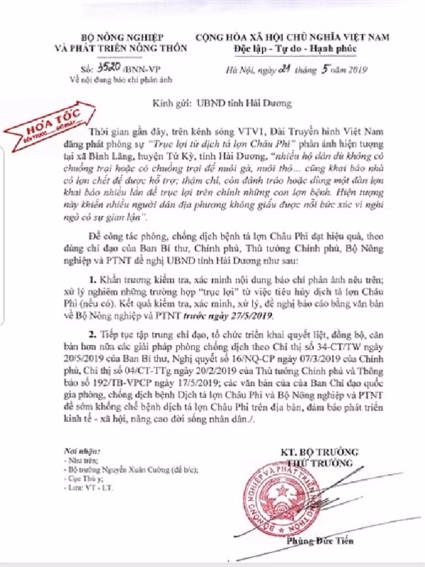Bộ NNPTNT đề nghị UBND tỉnh Hải Dương khẩn trương xác minh thông tin về “tình trạng trục lợi từ dịch tả lợn Châu Phi” tại tỉnh này.