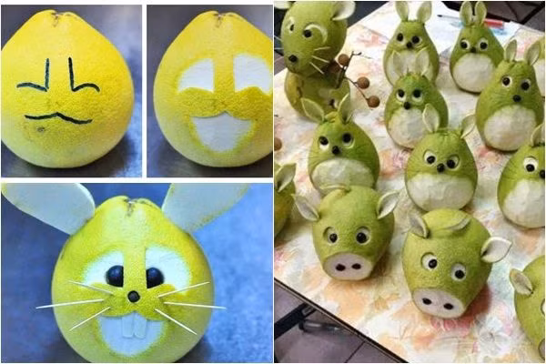 Tạo hình thỏ và lợn bằng quả bưởi.