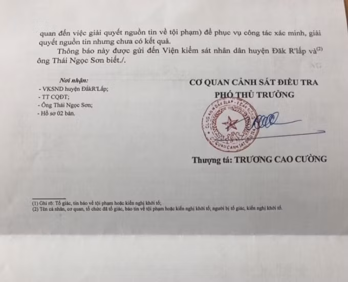 Thông báo tạm đình chỉ việc giải quyết tố giác tội phạm của CSĐT - Công an huyện ĐắkrLấp.