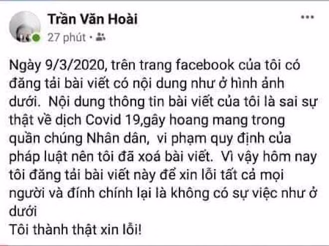 Trần Văn Hoài viết lời xin lỗi trên facebook cá nhân