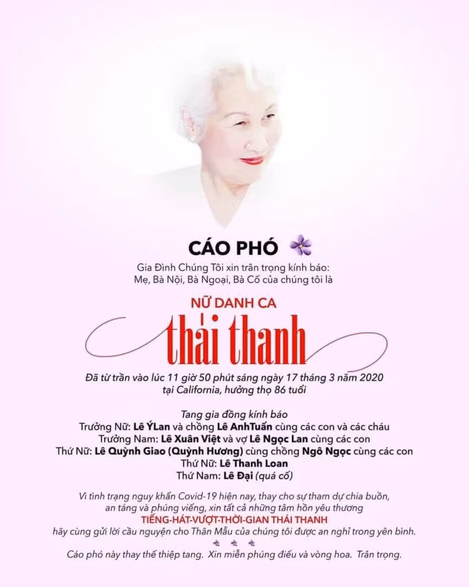 Cáo phó của cố danh ca Thái Thanh.