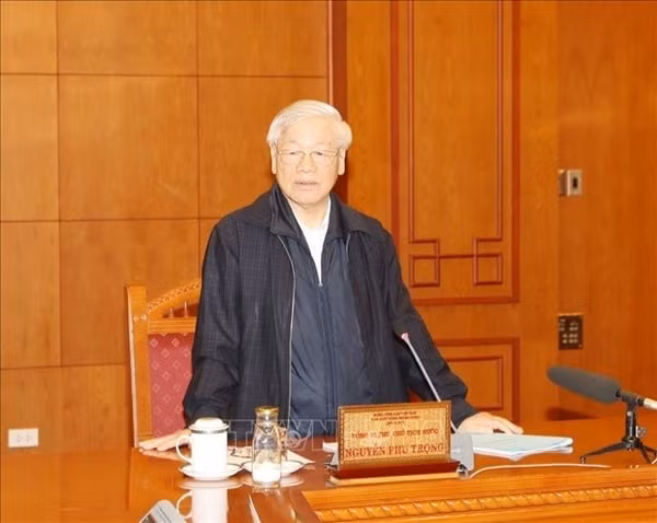 Tổng Bí thư, Chủ tịch nước Nguyễn Phú Trọng, Trưởng Tiểu ban Nhân sự Đại hội XIII của Đảng phát biểu chỉ đạo cuộc họp. Ảnh: TTXVN