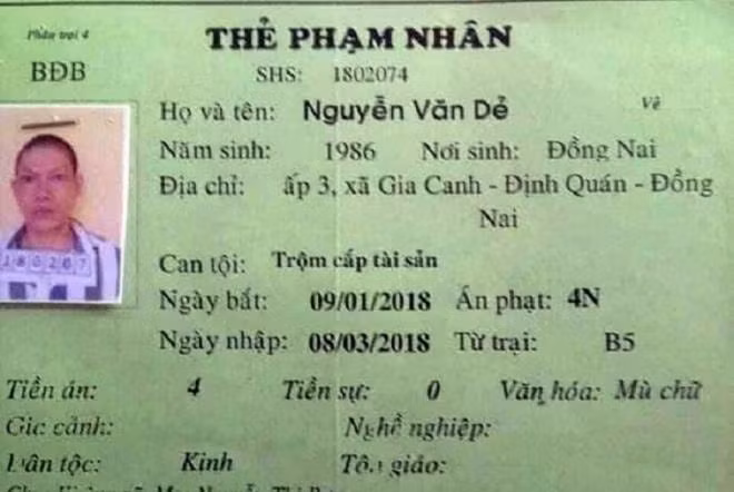 Lý lịch phạm nhân Nguyễn Văn Dẻ. Ảnh: internet.