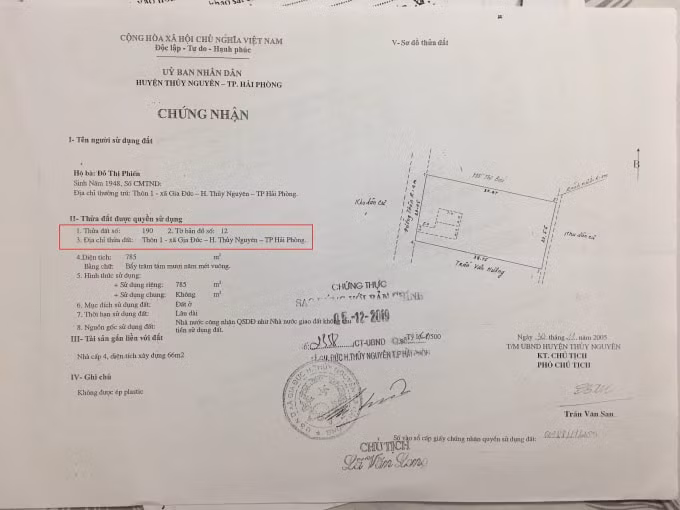 Sổ đỏ của hộ bà Phiến xác định sai nghiêm trọng về vị trí thửa đất.