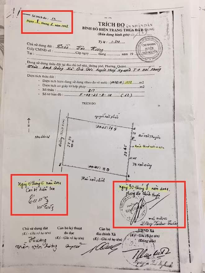 Trích đo Bình đồ hiện trạng thửa đất của hộ ông Hương cũng được lấy từ năm 1995 để cấp sổ đỏ. Trong khi đó, cán bộ xã Gia Đức, huyện Thủy Nguyên không hề đi thực tế để thẩm tra, đo đạc.