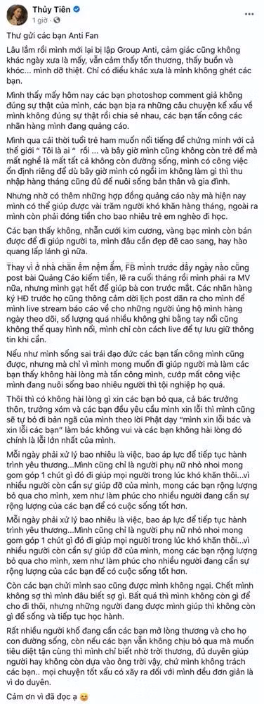 Toàn bộ chia sẻ của Thủy Tiên.