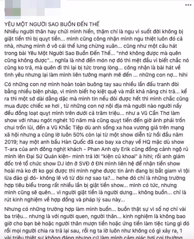 Bài đăng của quản lý Noo Phước Thịnh tố cáo về chuyện bị quỵt show, số tiền này có thể mua được một chiếc xe hơi tiền tỷ đắt tiền.