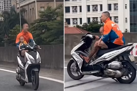 Xác minh nam thanh niên bế em bé, chạy xe máy lên đường Vành đai 3 trên cao