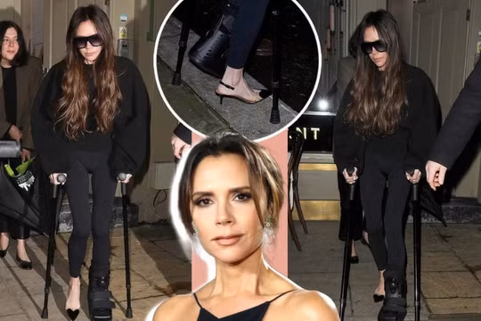 Gãy chân vì tập gym, Victoria Beckham chống nạng và đi giày cao gót