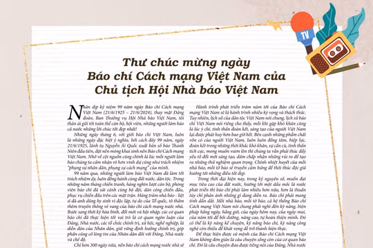 Thư chúc mừng ngày Báo chí Cách mạng Việt Nam của Chủ tịch Hội Nhà báo Việt Nam