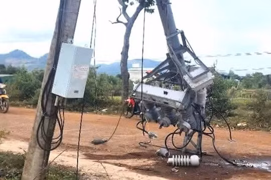 Gia Lai: Một trụ điện bất ngờ gãy ngang, đổ xuống đường