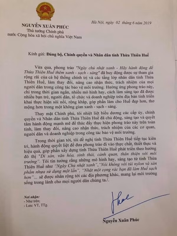 Thủ tướng Chính phủ Nguyễn Xuân Phúc có thư biểu dương Đảng bộ, Chính quyền và Nhân dân tỉnh Thừa Thiên-Huế vì đã có nhiều mô hình hay, cách làm sáng tạo trong bảo vệ môi trường.