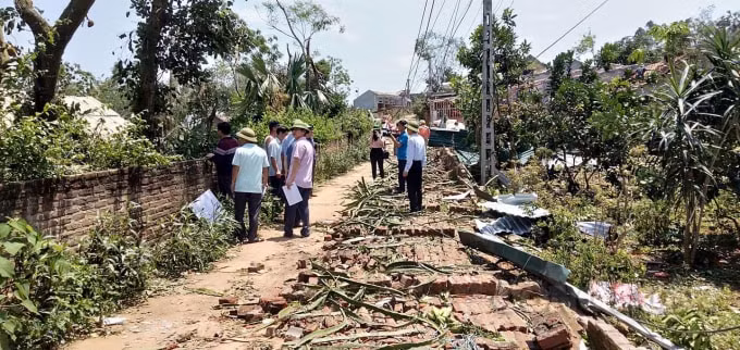 Tường rào và nhiều cây cối bị đổ gãy sau trận mưa lốc.