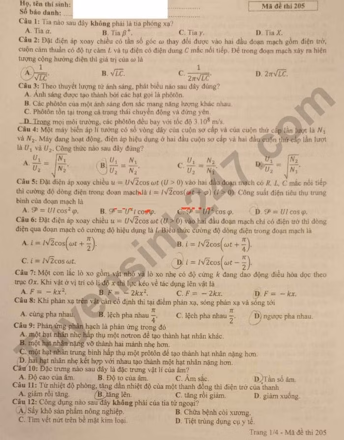 de thi tot nghiep thpt 2024 mon vat li ma de 205 hinh 1