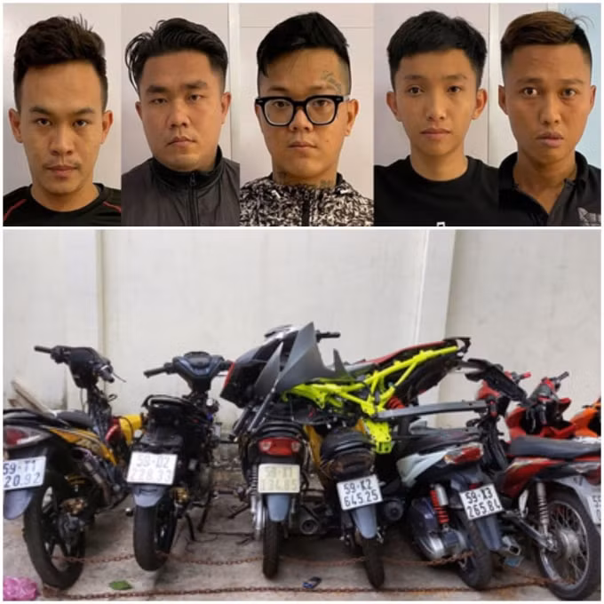 5 'quái xế' cầm đầu và các phương tiện dùng để đua xe trái phép.