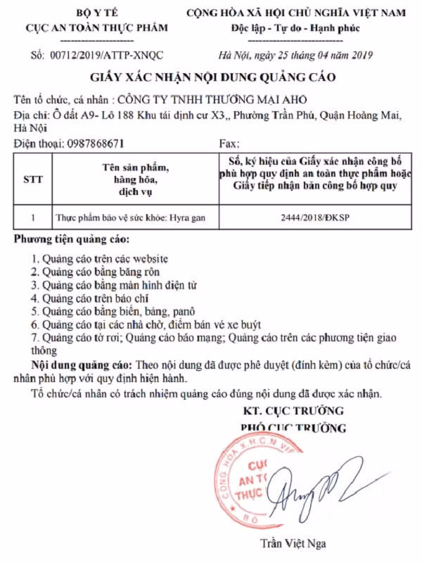 Giấy xác nhận nội dung quảng cáo