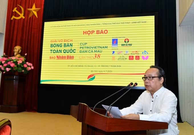 Ông Trần Gia Thái - Chủ tịch Liên Đoàn Bóng bàn Việt Nam phát biểu tại Họp báo. Ảnh: Duy Linh