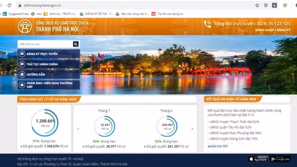 Trang web cổng dịch vụ công trực tuyến của Hà Nội (ảnh chụp màn hình sáng 4/7)