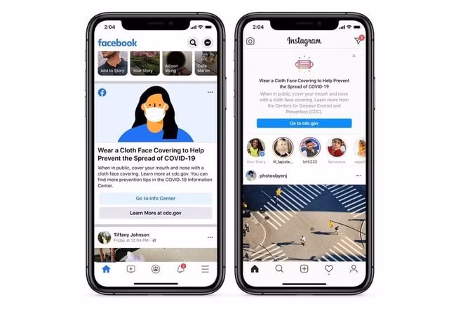 Facebook và Instagram sử dụng biểu ngữ để nhắc nhở mọi người đeo khẩu trang.