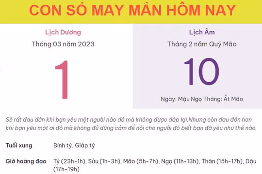 Con số may mắn hôm nay 1/3/2023 thứ 4, ngày 10/2 âm lịch