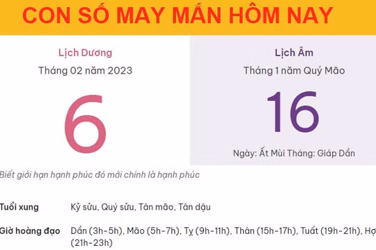 Con số may mắn hôm nay 6/2/2023 thứ 2, ngày 16/1 âm lịch