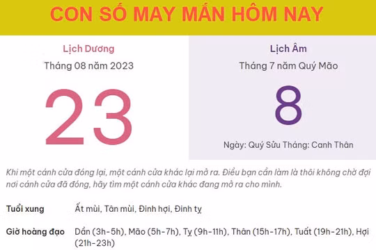 Con số may mắn hôm nay 23/8/2023 thứ 4, ngày 8/7 âm lịch