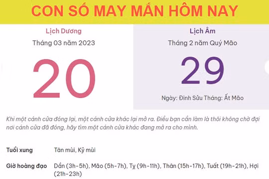 Con số may mắn hôm nay 20/3/2023 thứ 2, ngày 29/2 âm lịch