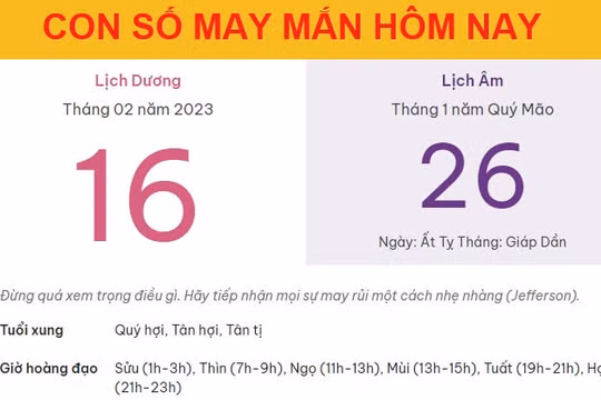 Con số may mắn hôm nay 16/2/2023 thứ 5, ngày 26/1 âm lịch