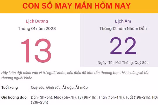 Con số may mắn hôm nay 13/1/2023 thứ 6, ngày 22/12 âm lịch
