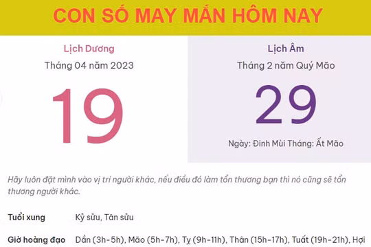 Con số may mắn hôm nay 19/4/2023 thứ 4, ngày 29/2 âm lịch