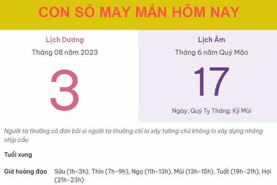 Con số may mắn hôm nay 3/8/2023 thứ 5, ngày 17/6 âm lịch