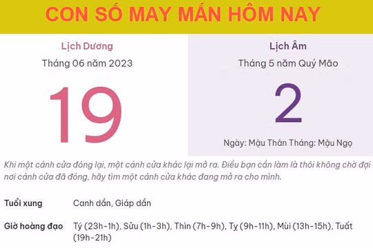 Con số may mắn hôm nay 19/6/2023 thứ 2, ngày 2/5 âm lịch