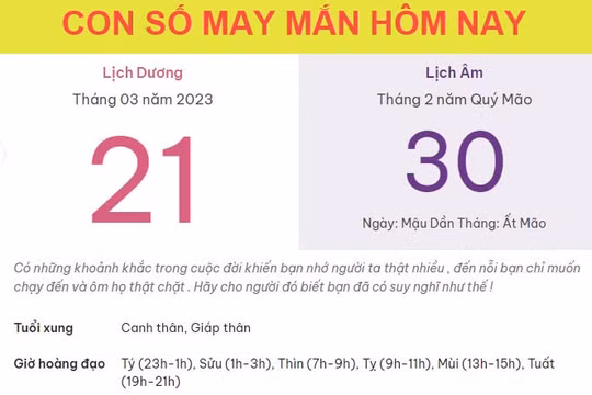 Con số may mắn hôm nay 21/3/2023 thứ 3, ngày 30/2 âm lịch