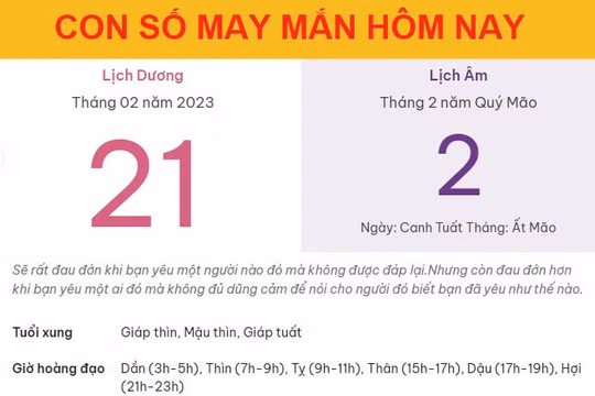 Con số may mắn hôm nay 21/2/2023 thứ 3, ngày 2/2 âm lịch