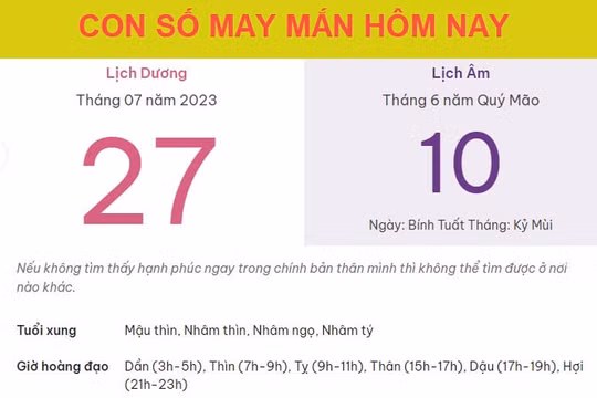 Con số may mắn hôm nay 27/7/2023 thứ 5, ngày 10/6 âm lịch