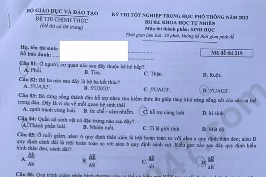 Đề thi tốt nghiệp THPT 2023 môn Sinh học, mã đề 219
