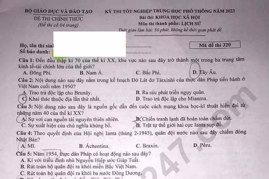 Đề thi tốt nghiệp THPT 2023 môn Lịch sử, mã đề 320