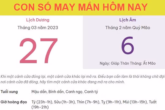 Con số may mắn hôm nay 27/3/2023 thứ 2, ngày 6/2 âm lịch