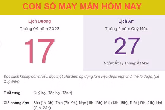 Con số may mắn hôm nay 17/4/2023 thứ 2, ngày 27/2 âm lịch